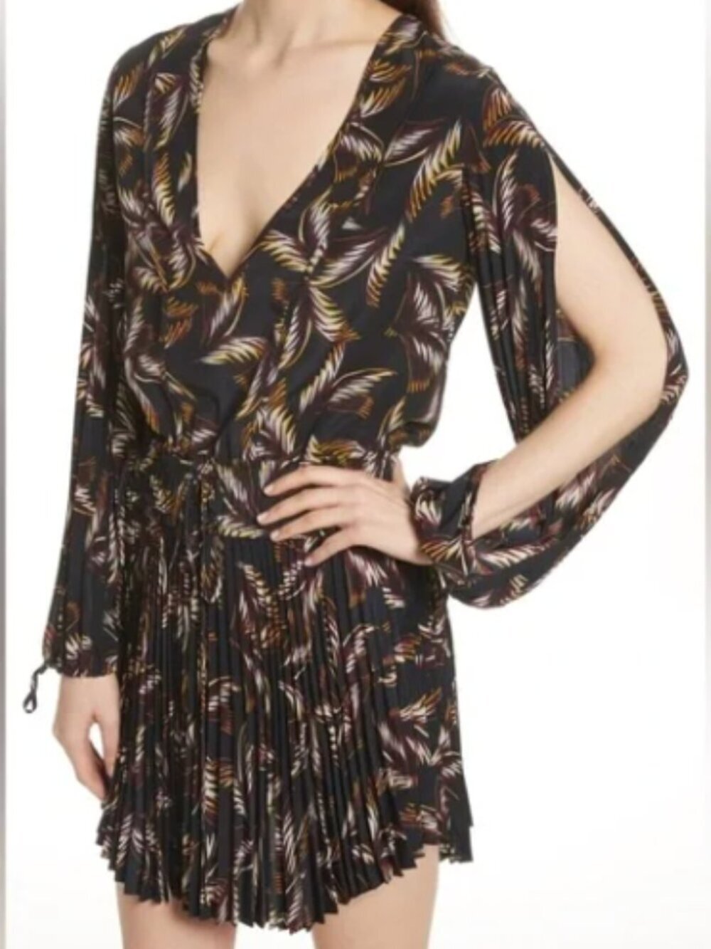 A.L.C. Rory V-Neck Mini Dress Silk Leaf Print Black Long Sleeve Size 8 Women's